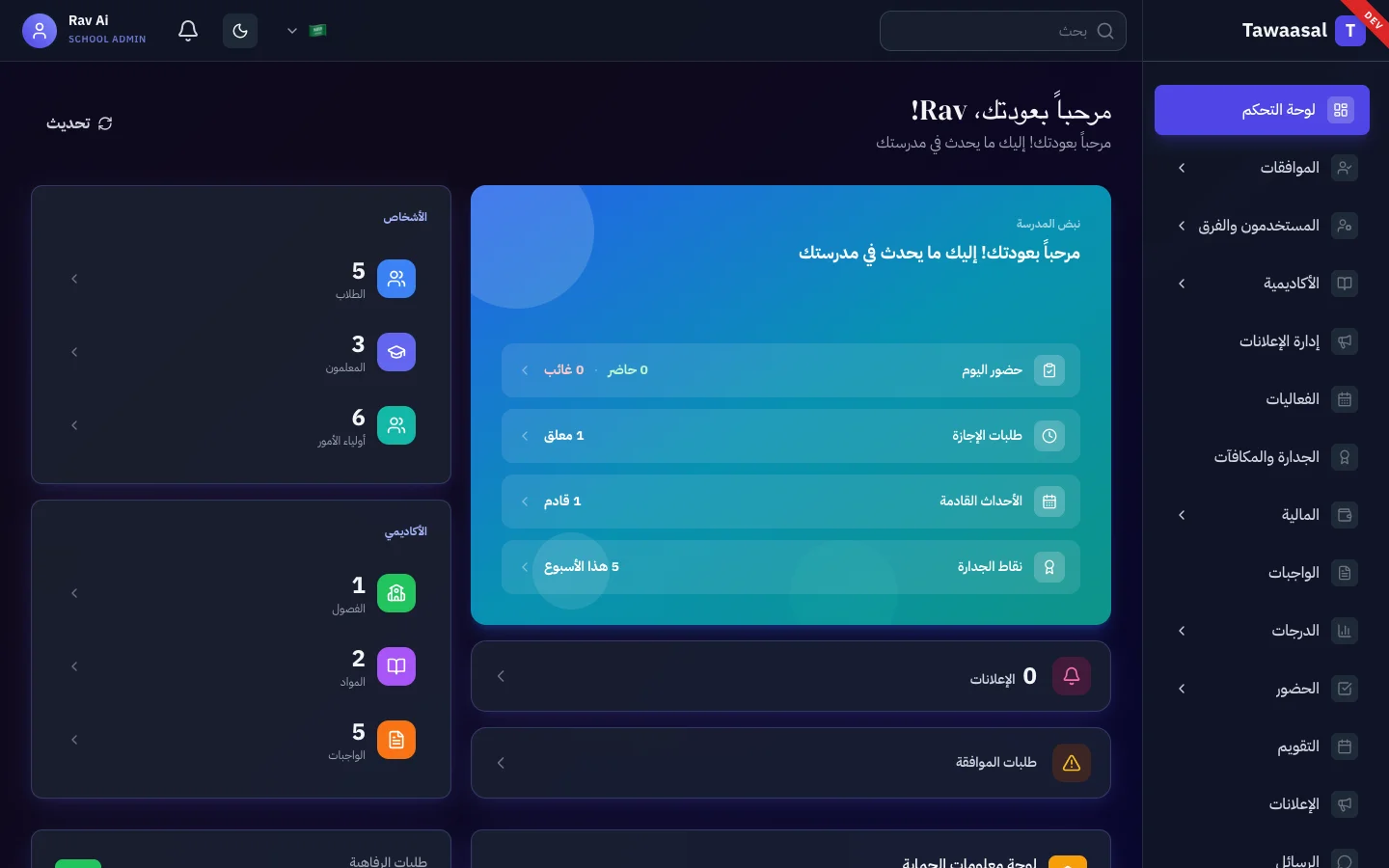 School Admin — Dashboard (Dark)